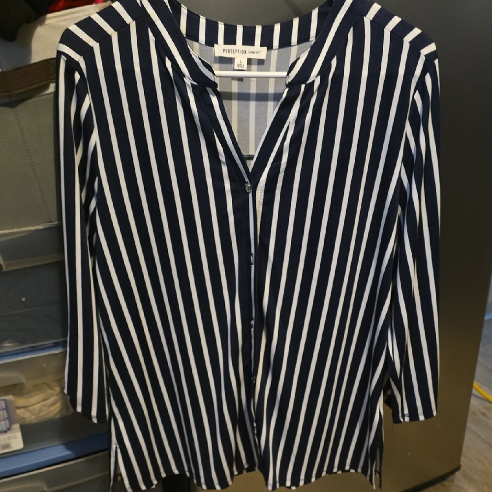 Perseption Concept Navy and White Striped Top